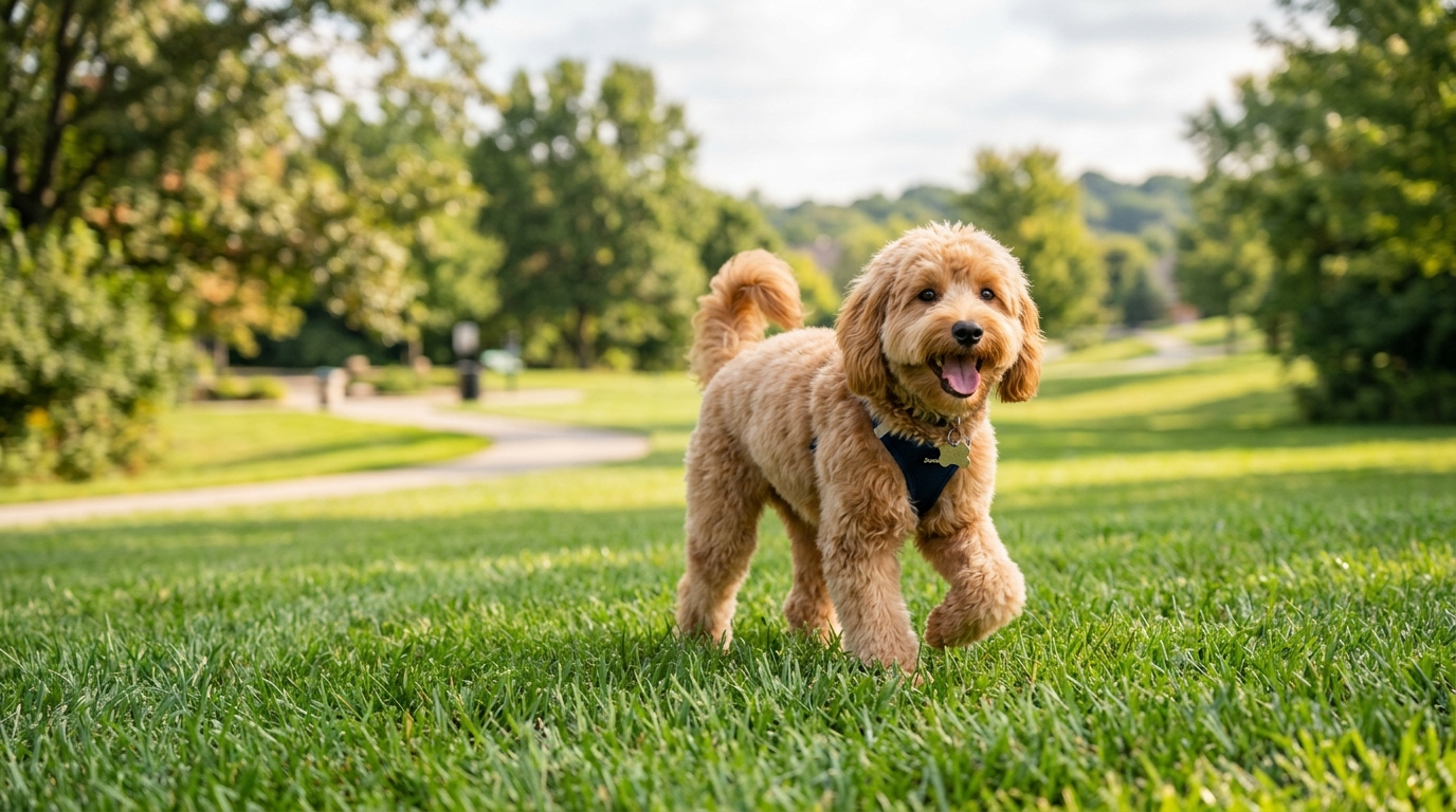 Une petite chienne toilettée et soulagée marchant sur l'herbe d'un parc à Kansas City.