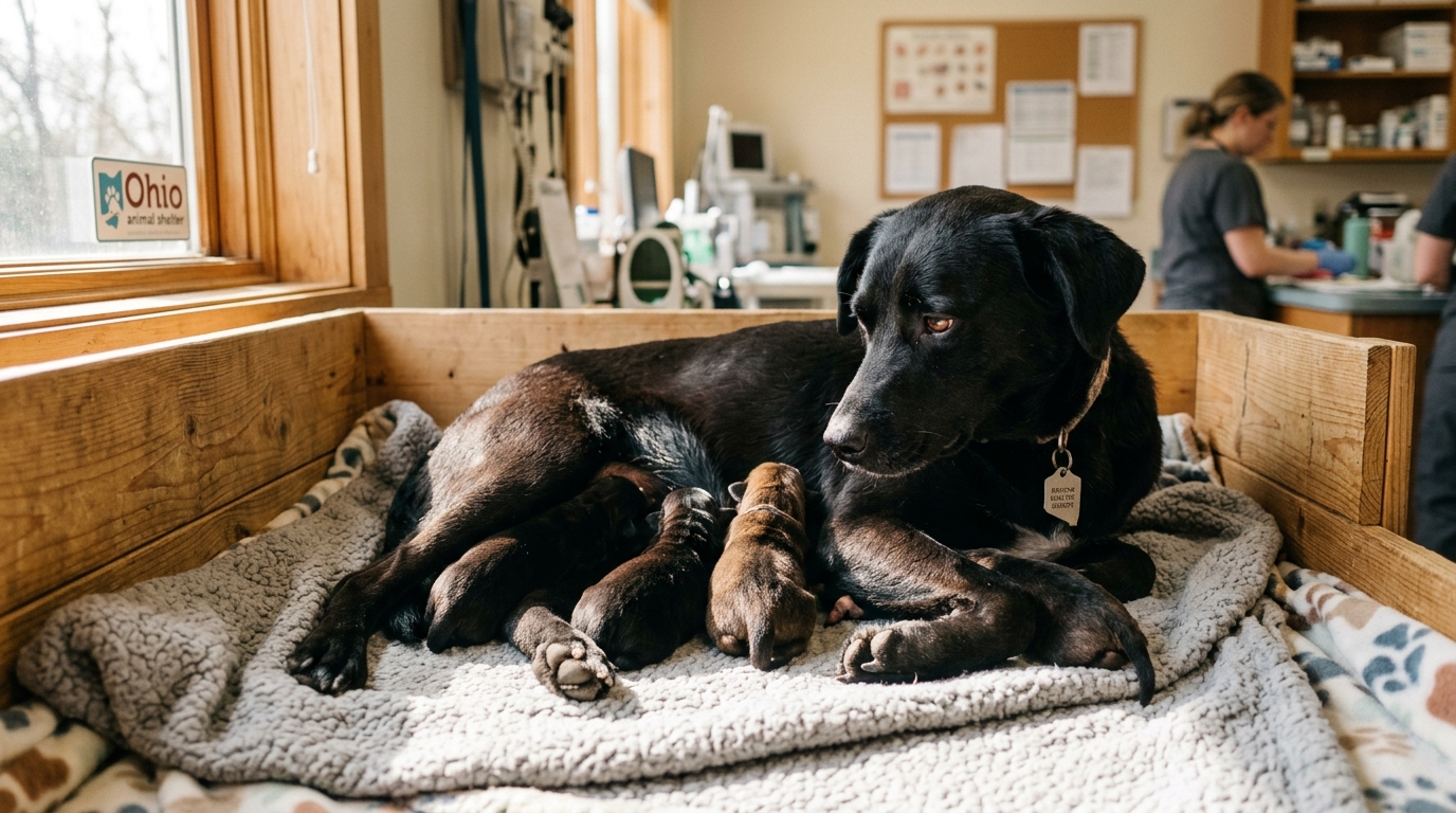 Une chienne noire allongée confortablement nourrit ses jeunes chiots dans un refuge vétérinaire chaleureux.