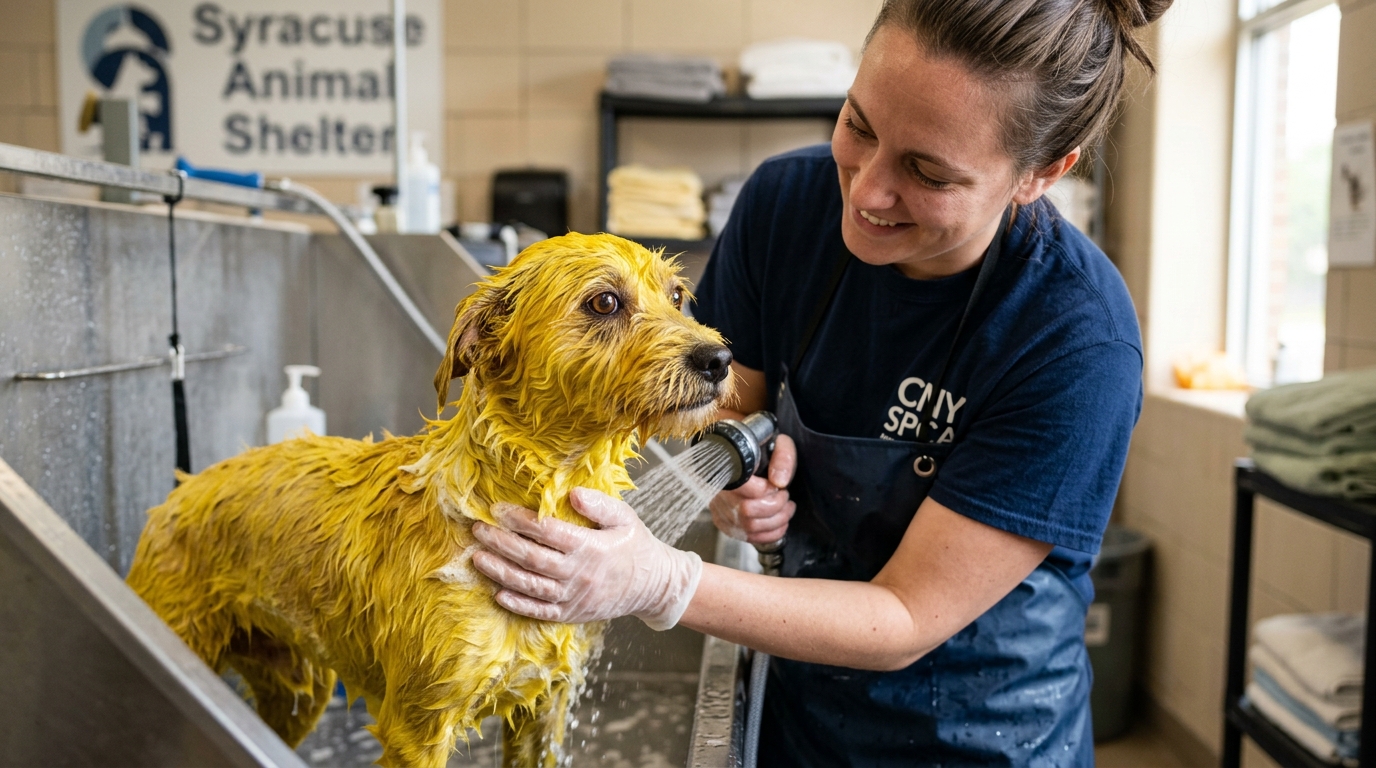 Une petite chienne au pelage teinté de jaune reçevant des soins bienveillants dans un refuge
