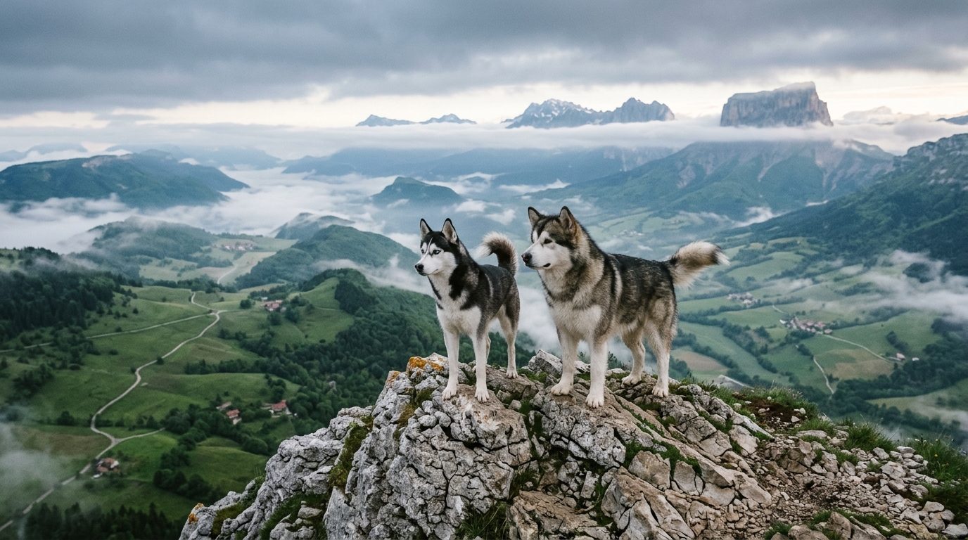 Malamute et Husky observant des alpages verdoyants dans les montagnes du Vercors