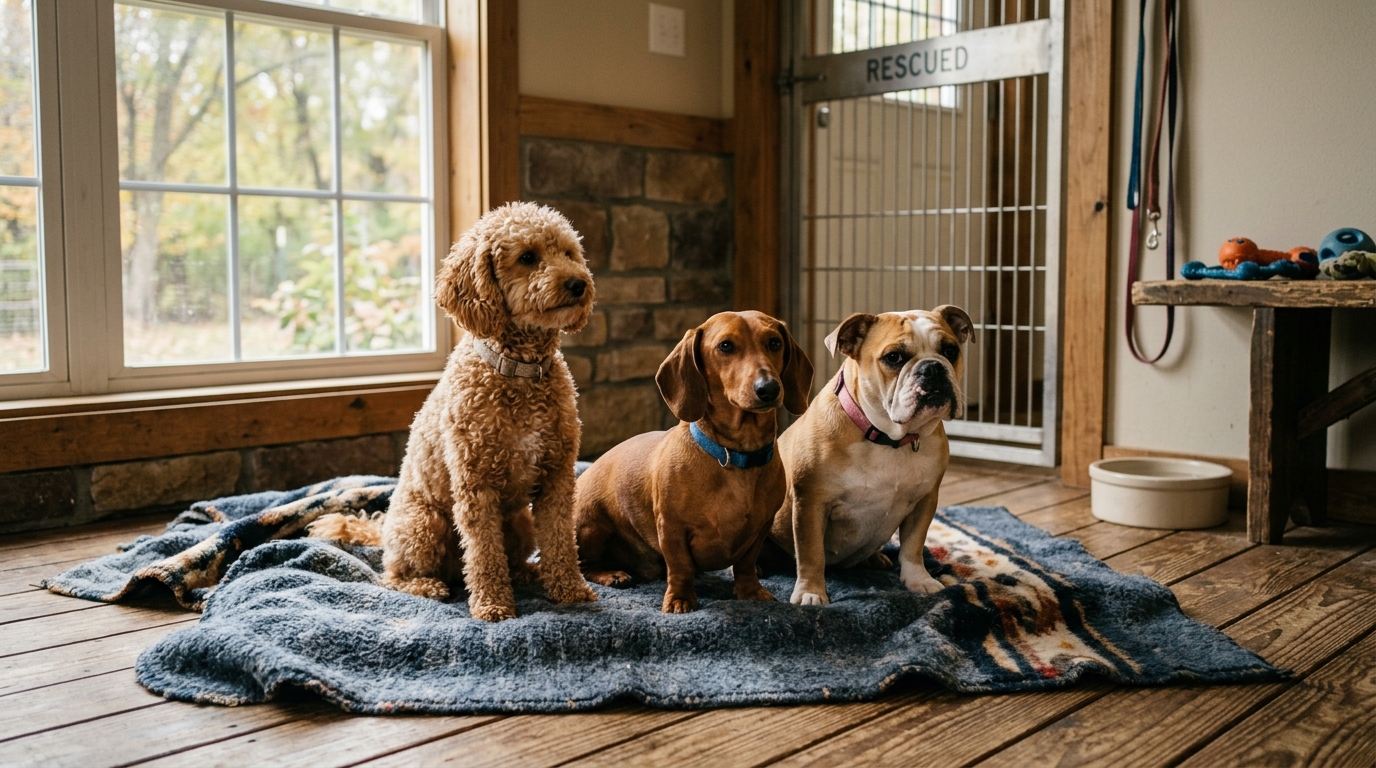 Plusieurs petits chiens sauvé d'un élevage se reposent dans un refuge lumineux.