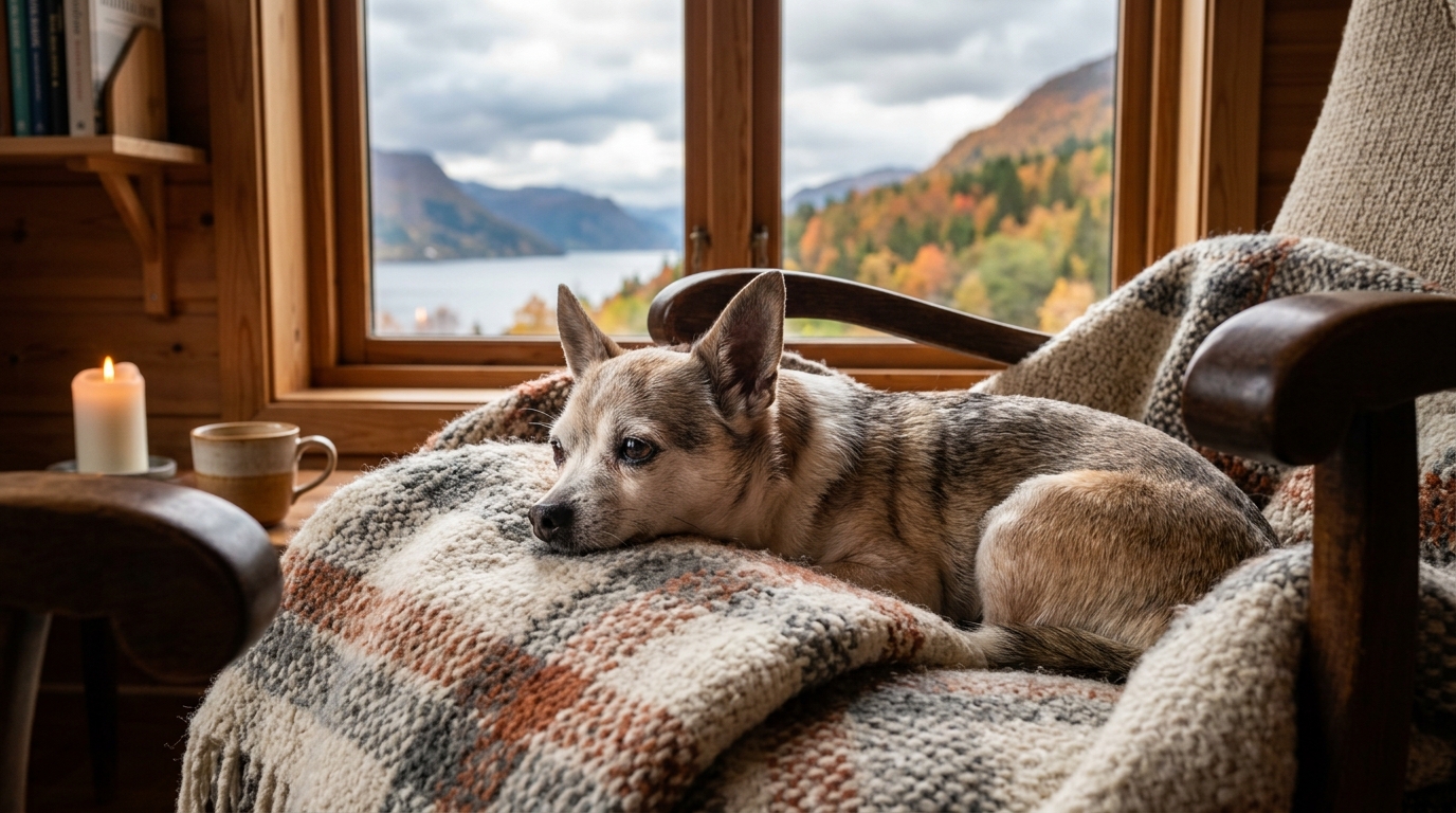 Un petit chien chihuahua croisé assoupi confortablement dans un intérieur chaleureux en Norvège.