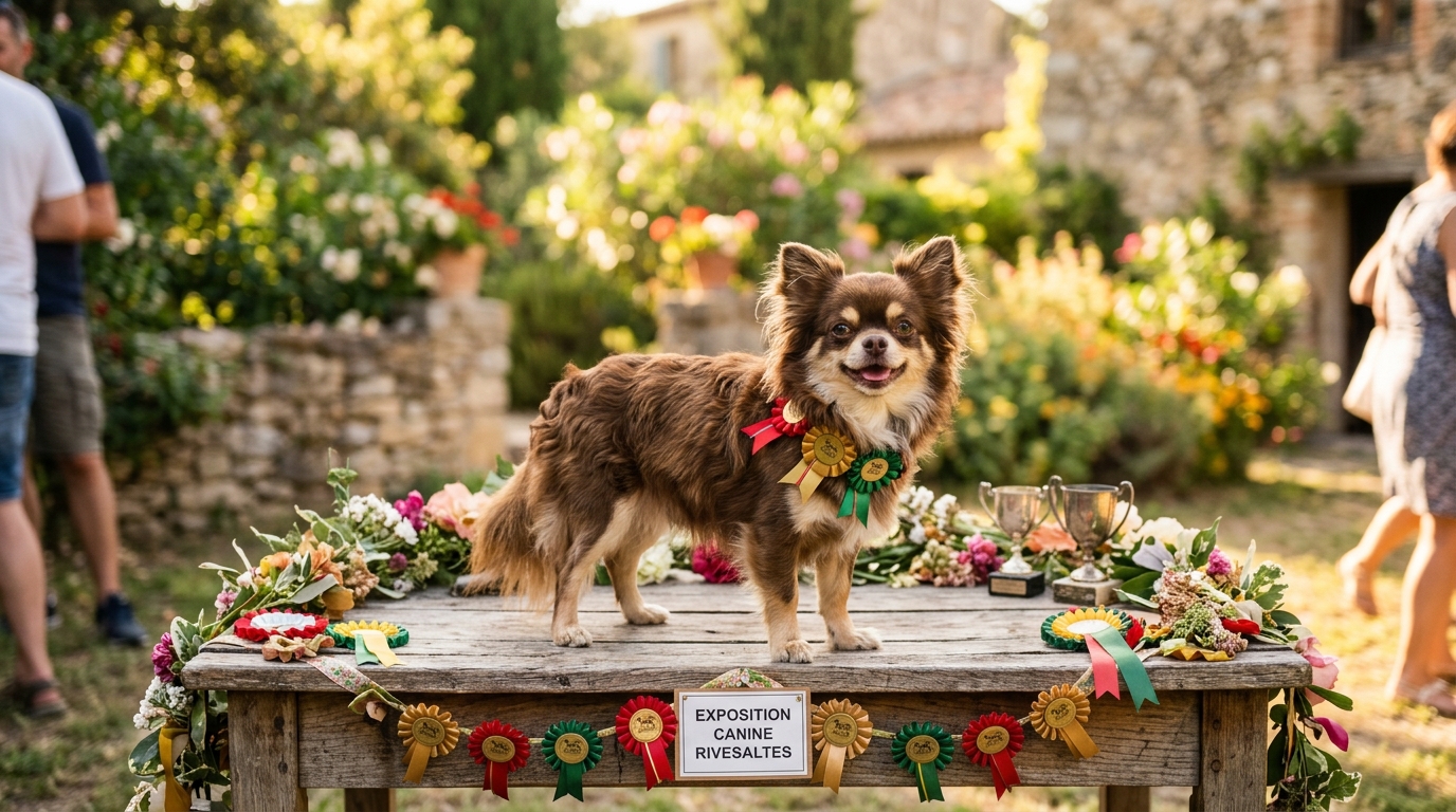 Un petit chien Chihuahua à poil long présenté lors d'un rassemblement canin à Rivesaltes.
