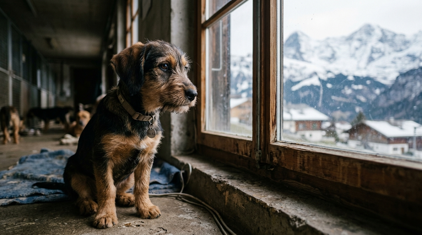 Un jeune chiot attend une nouvelle famille dans un refuge animalier en Suisse.