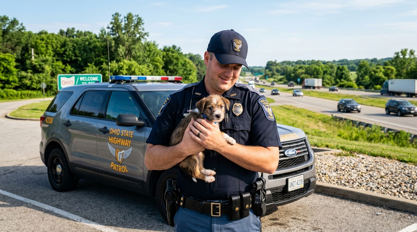 Un officier met à l'abri un jeune chiot découvert sur une aire de repos.