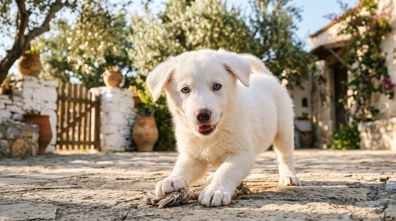Chiot albinos blanc aux yeux bleus jouant dans un refuge