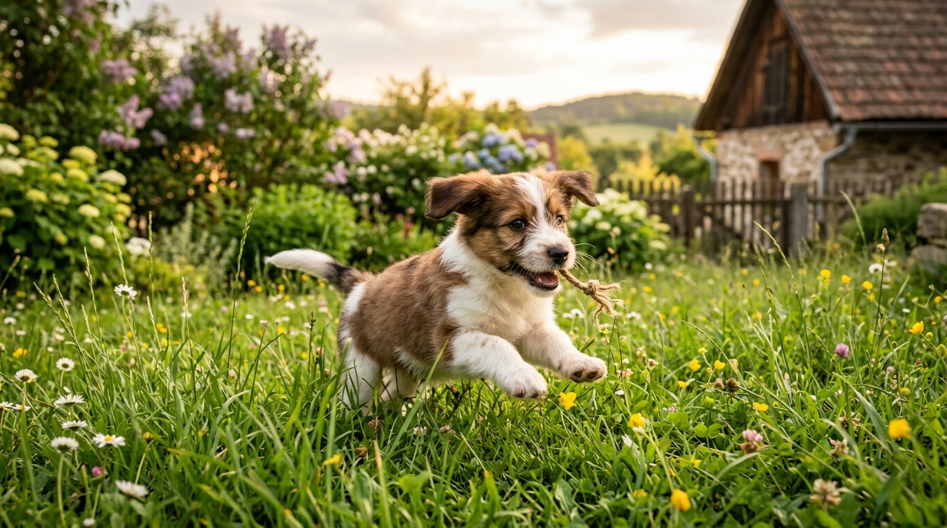 Un jeune chiot joyeux jouant dans un jardin arboré.
