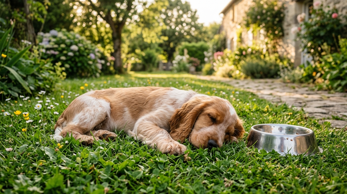 Un jeune cocker anglais endormi paisiblement dans un jardin arboré.