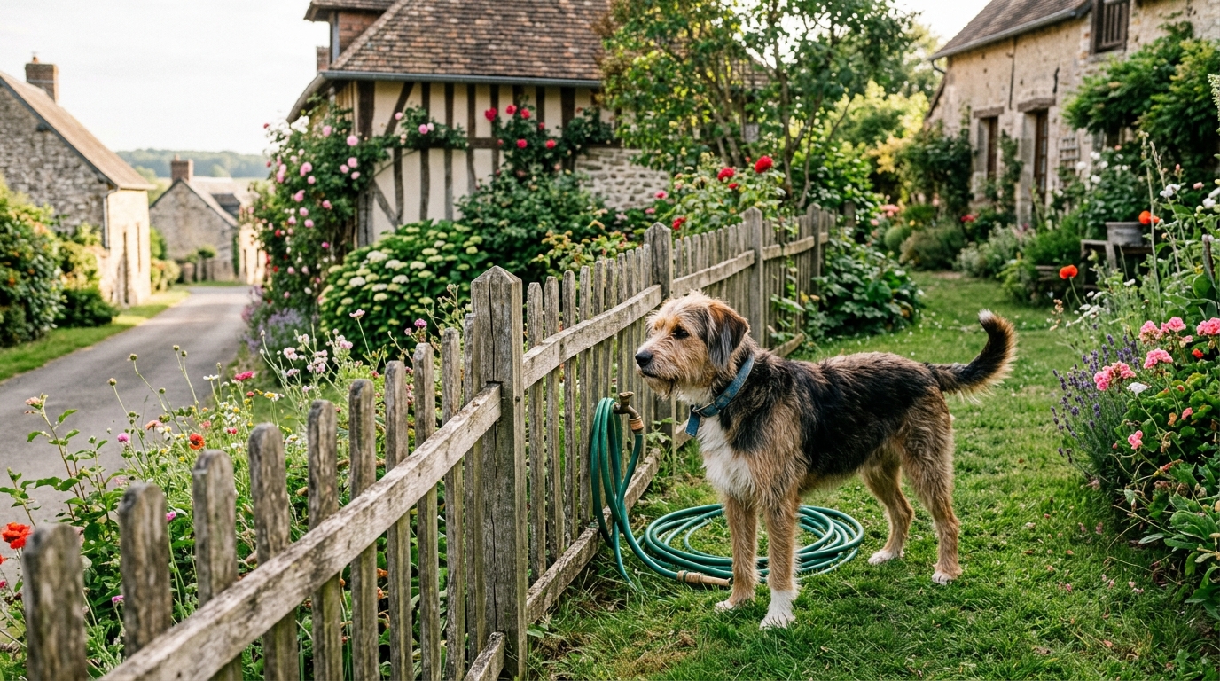 Un chien se tient près d'une clôture entre deux maisons en Normandie.
