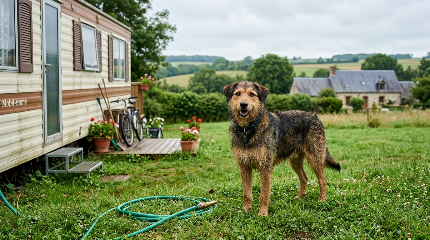 Un chien près d'un mobile home dans un jardin en Normandie