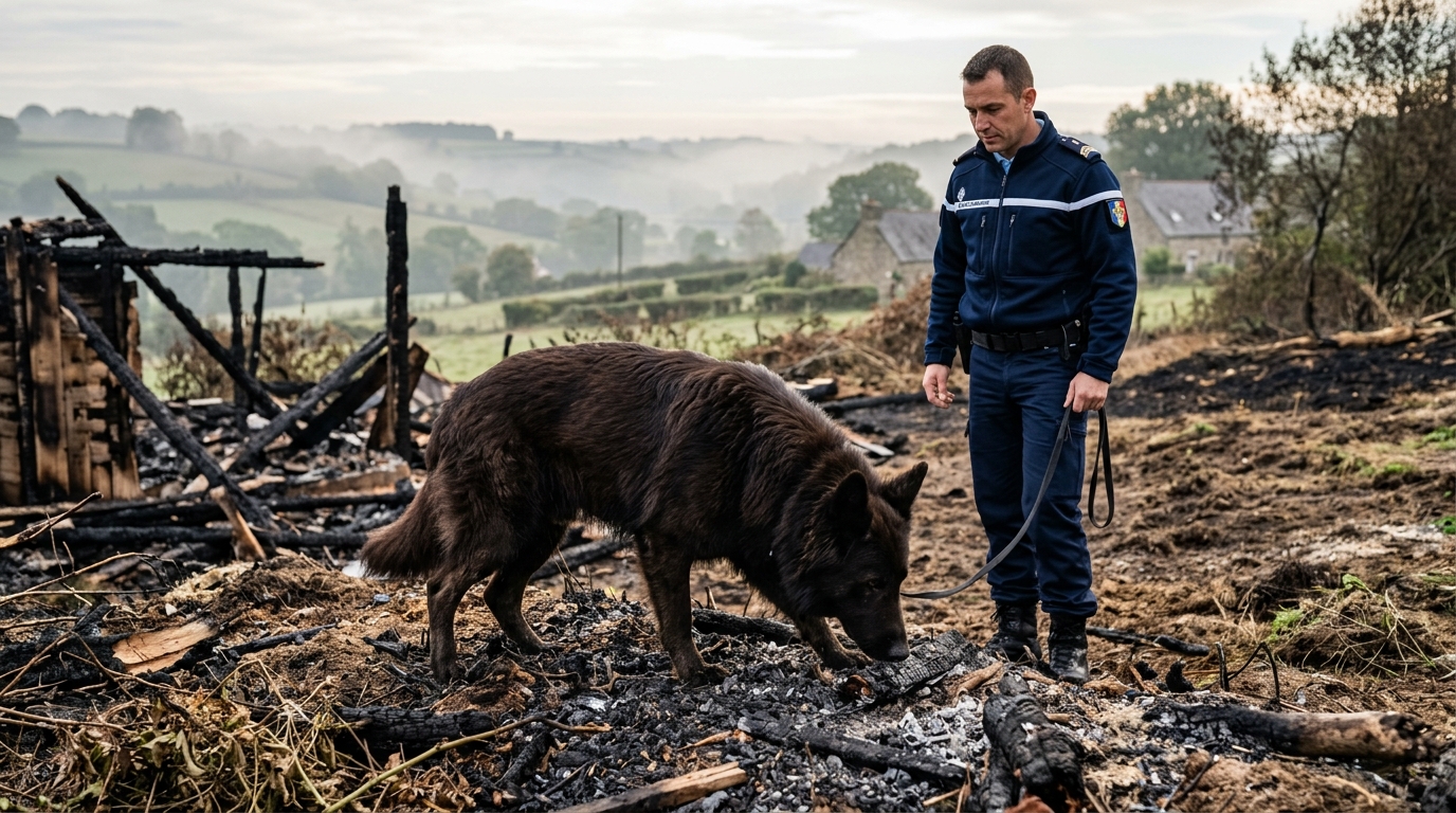 Chien gendarme inspectant une zone sinistrée en Bretagne