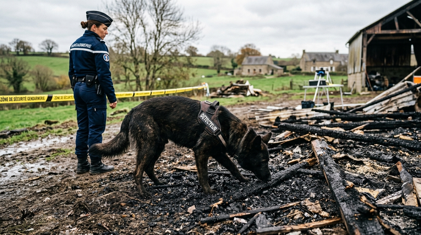 Un berger mexicain au pelage sombre sur une zone d incendie en Bretagne.