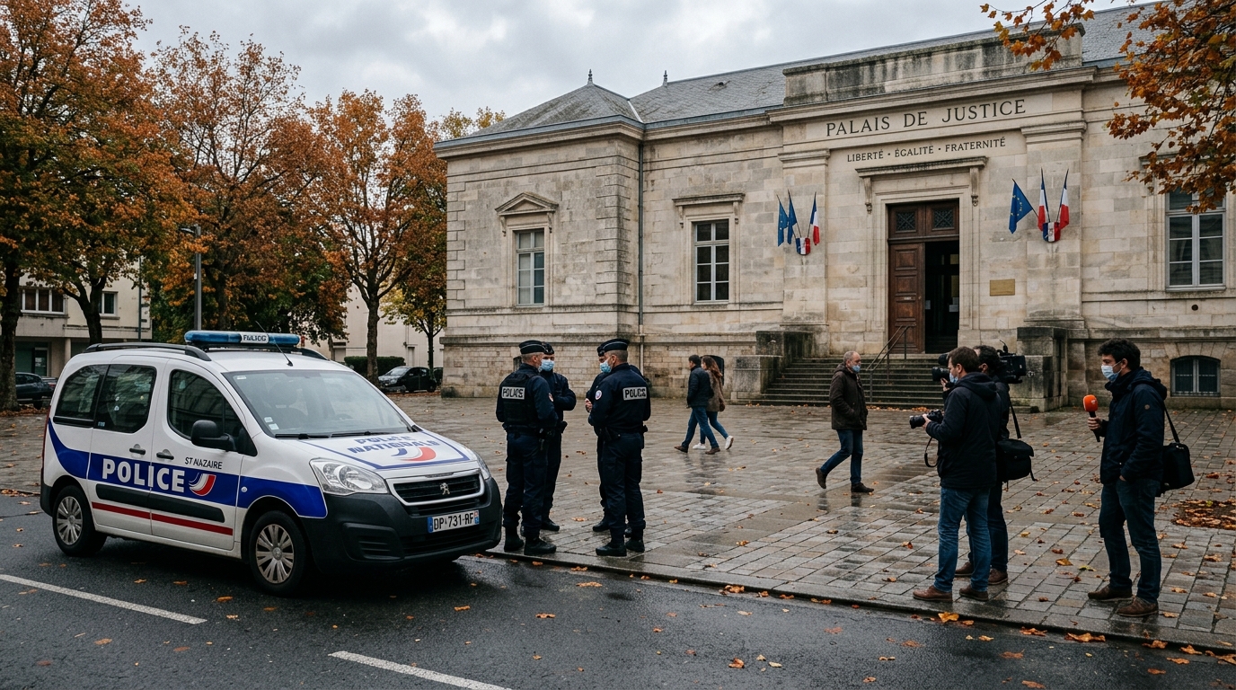 Véhicule de police garé devant un tribunal français sous un ciel d'automne