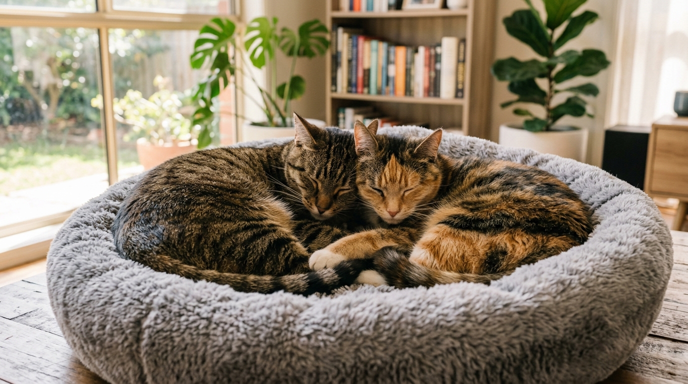 Deux chats blottis l'un contre l'autre qui dorment paisiblement dans un panier