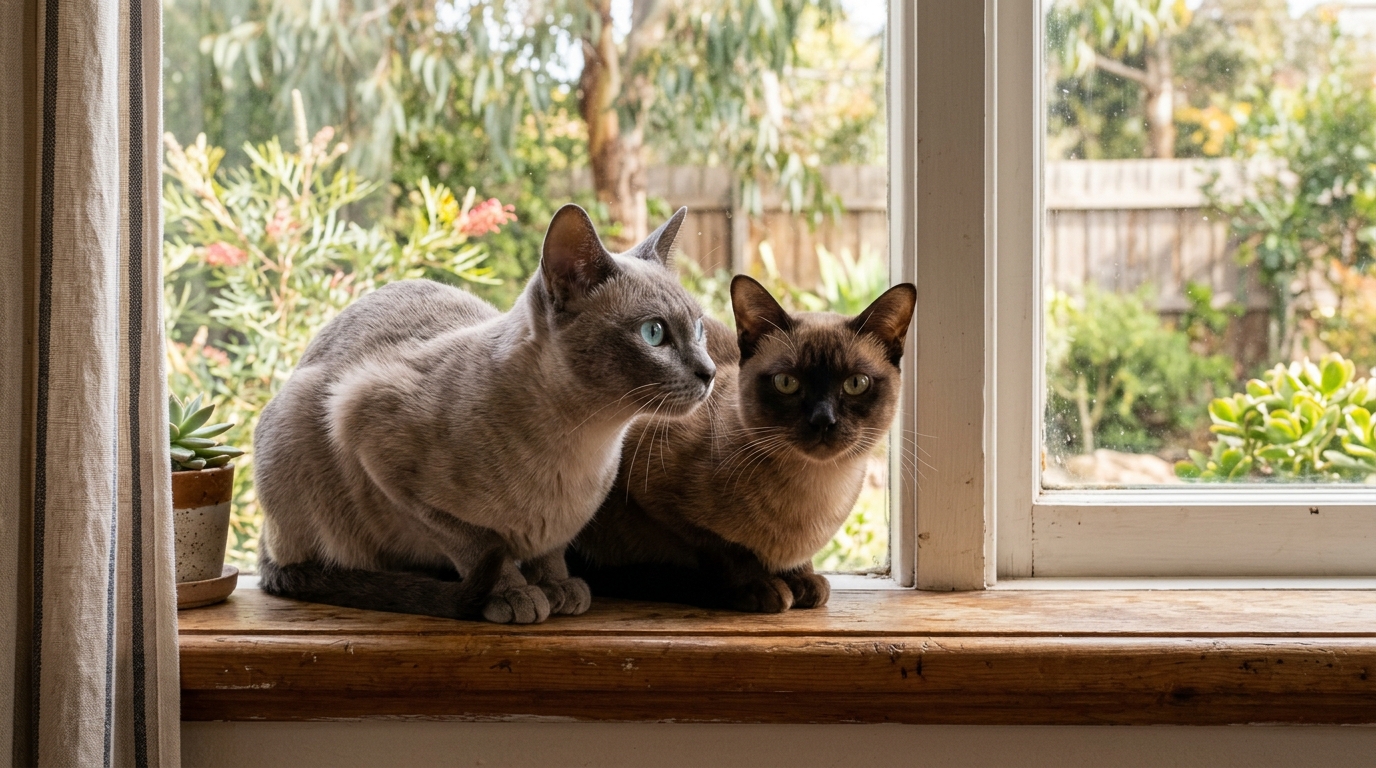 Deux chats Tonkinois blottis l'un contre l'autre regardant par la fenêtre