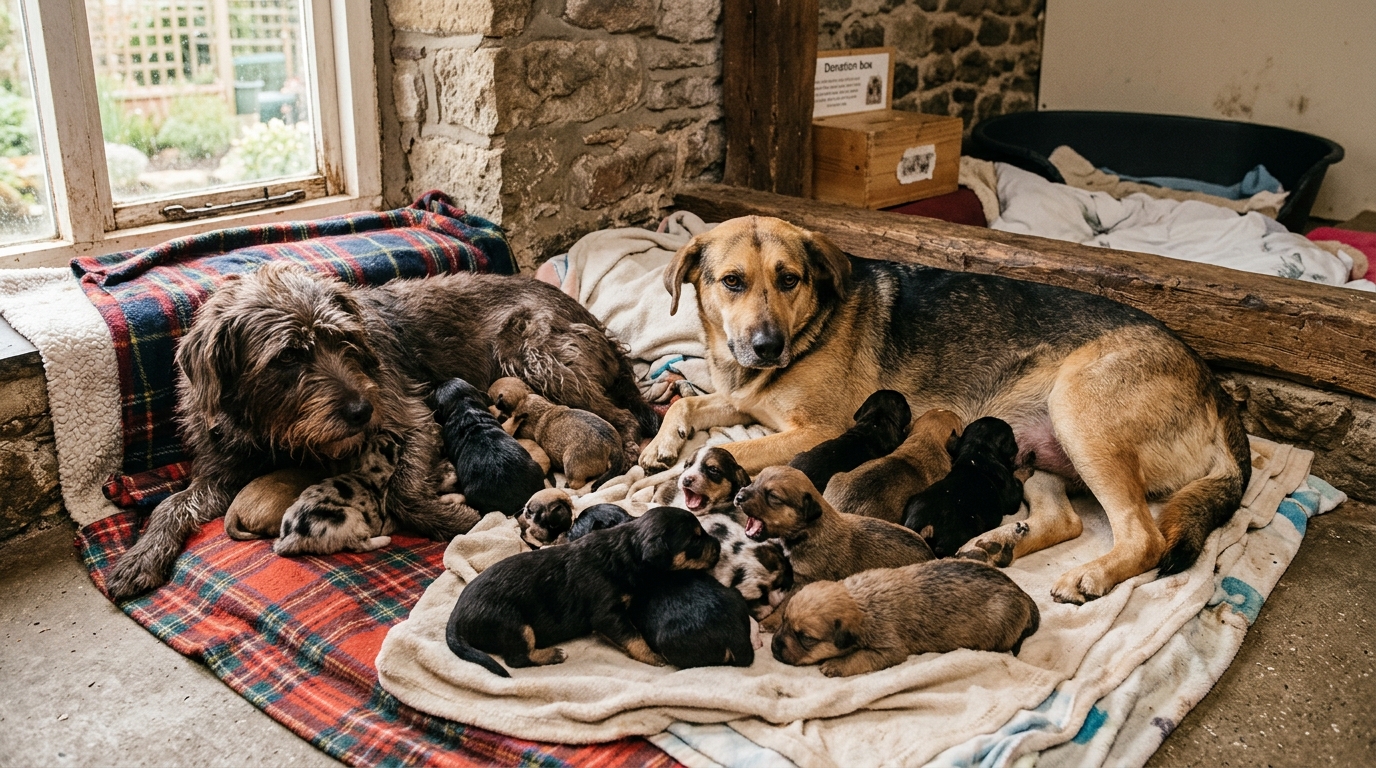 Deux chiennes allongées dans un refuge entourées de leurs nombreux chiots