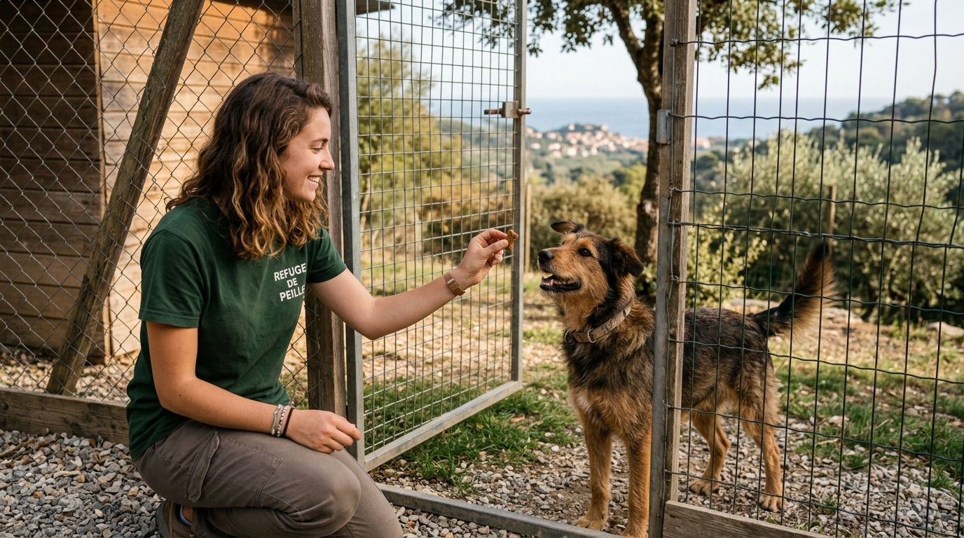 Une bénévole offre une friandise à un chien au refuge de Peille