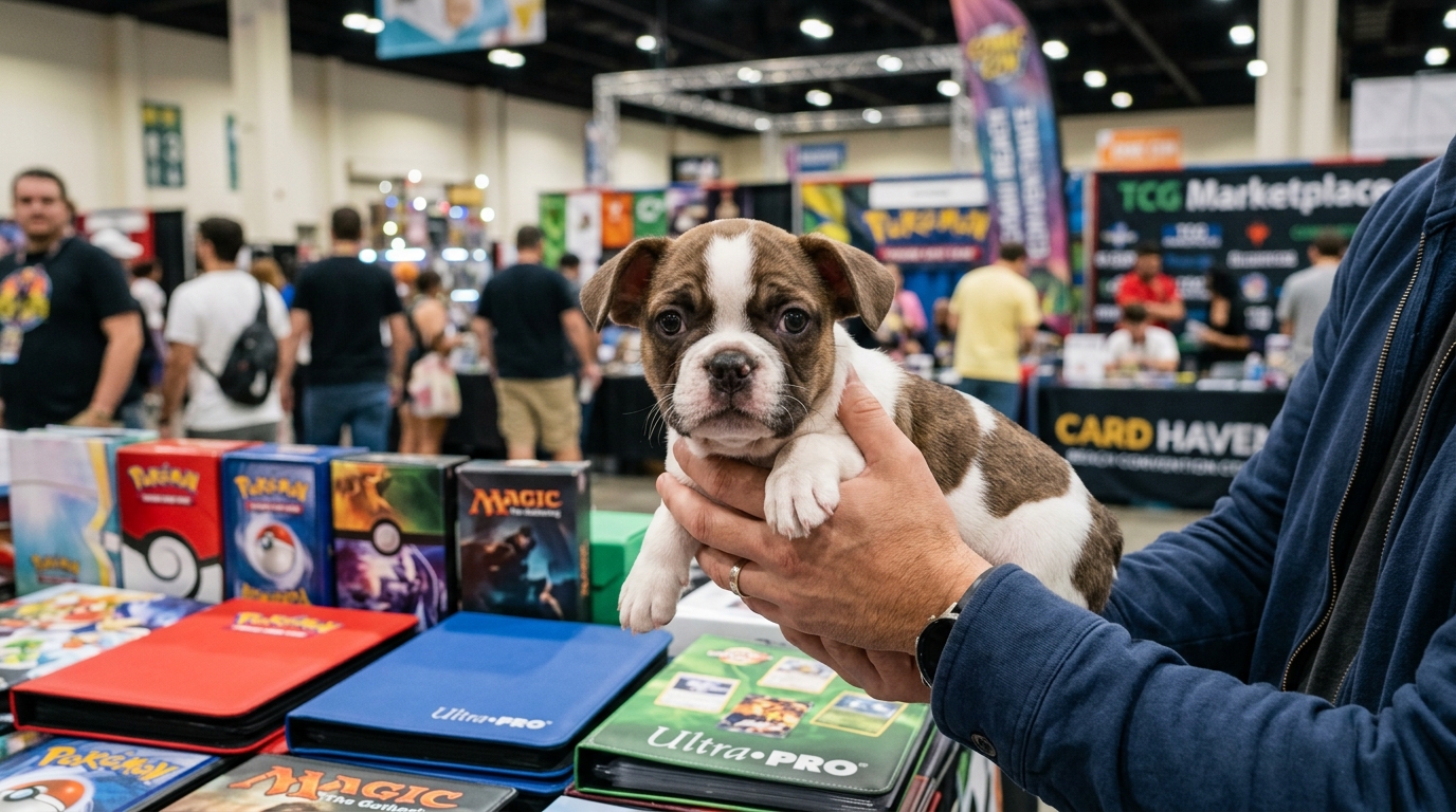 Un chiot Bouledogue Français tenu dans les bras lors d'un salon de collectionneurs