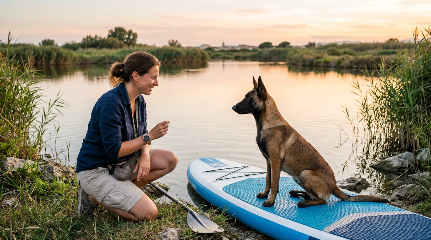 Une éducatrice canin et un berger assis au bord de l'eau lors d'une séance thérapeutique dans le Gard