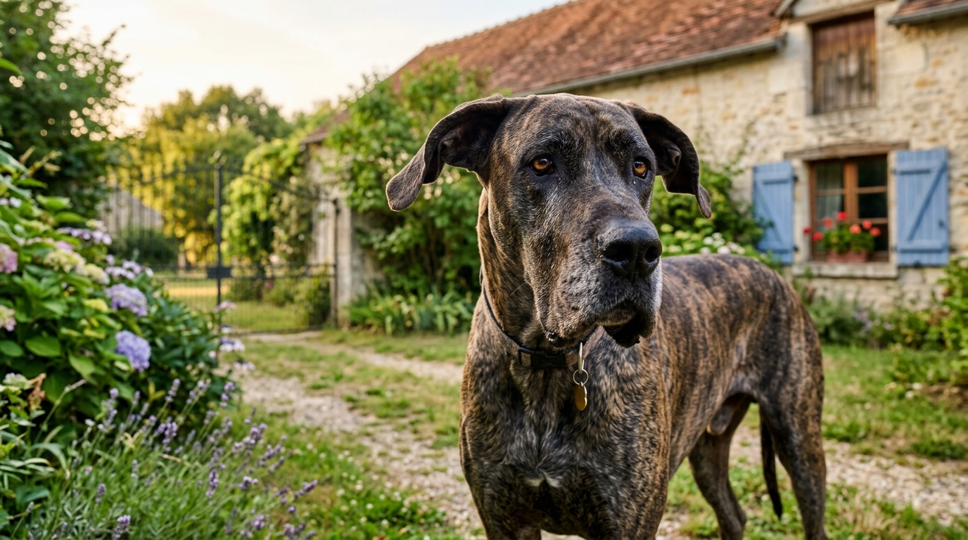 Un grand dogue allemand dans un jardin sous la surveillance attentive de sa propriétaire.