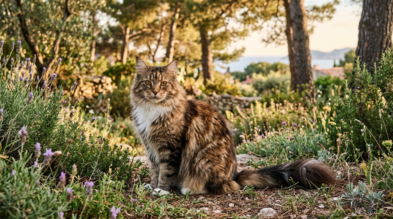 Un chat Maine Coon majestueux dans un jardin méditerranéen à Six-Fours.