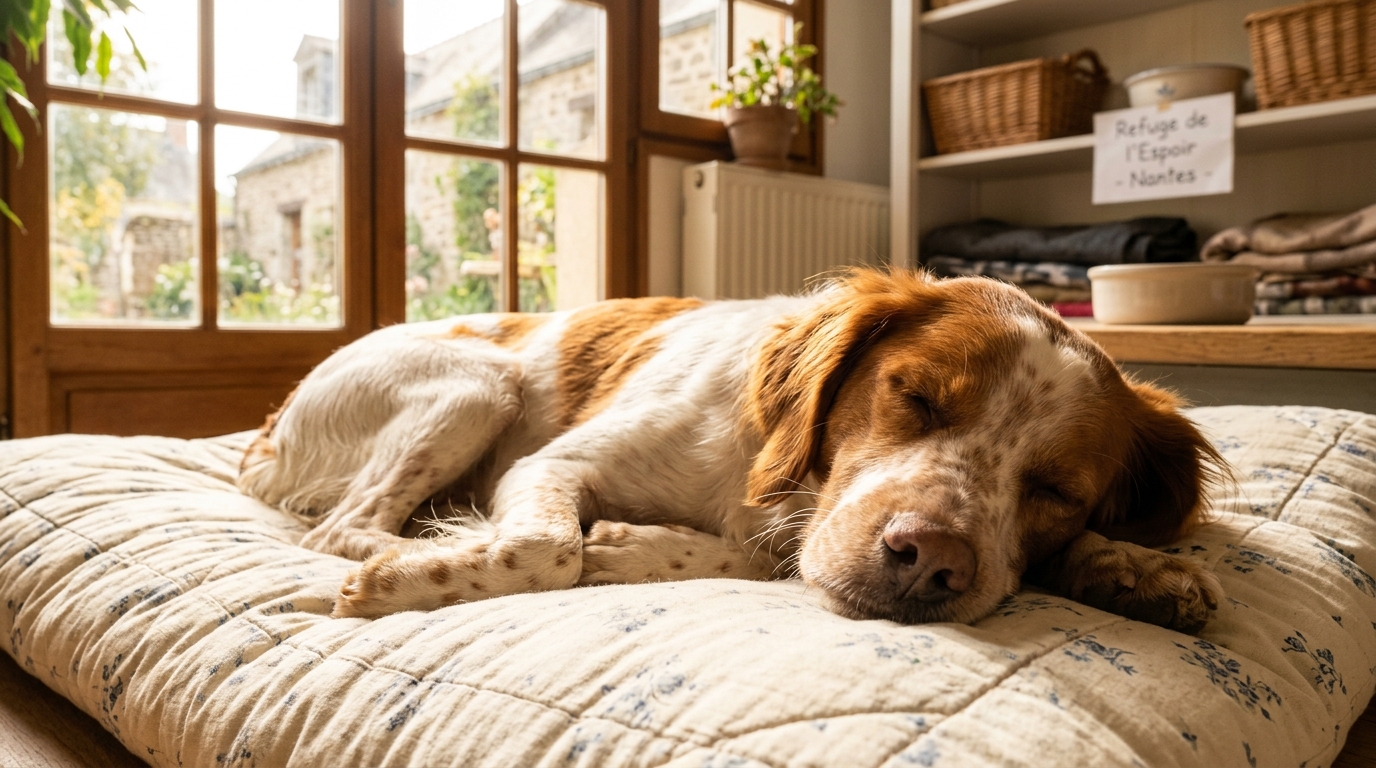 Un chien épagneul recueilli au calme dans un refuge après avoir été secouru à Nantes.