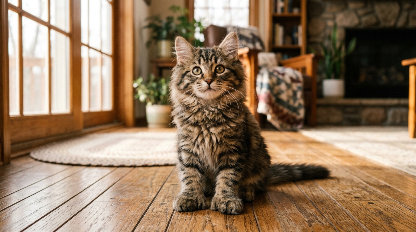 Un chaton Maine Coon aux larges pattes polydactyles assis dans une maison chaleureuse.