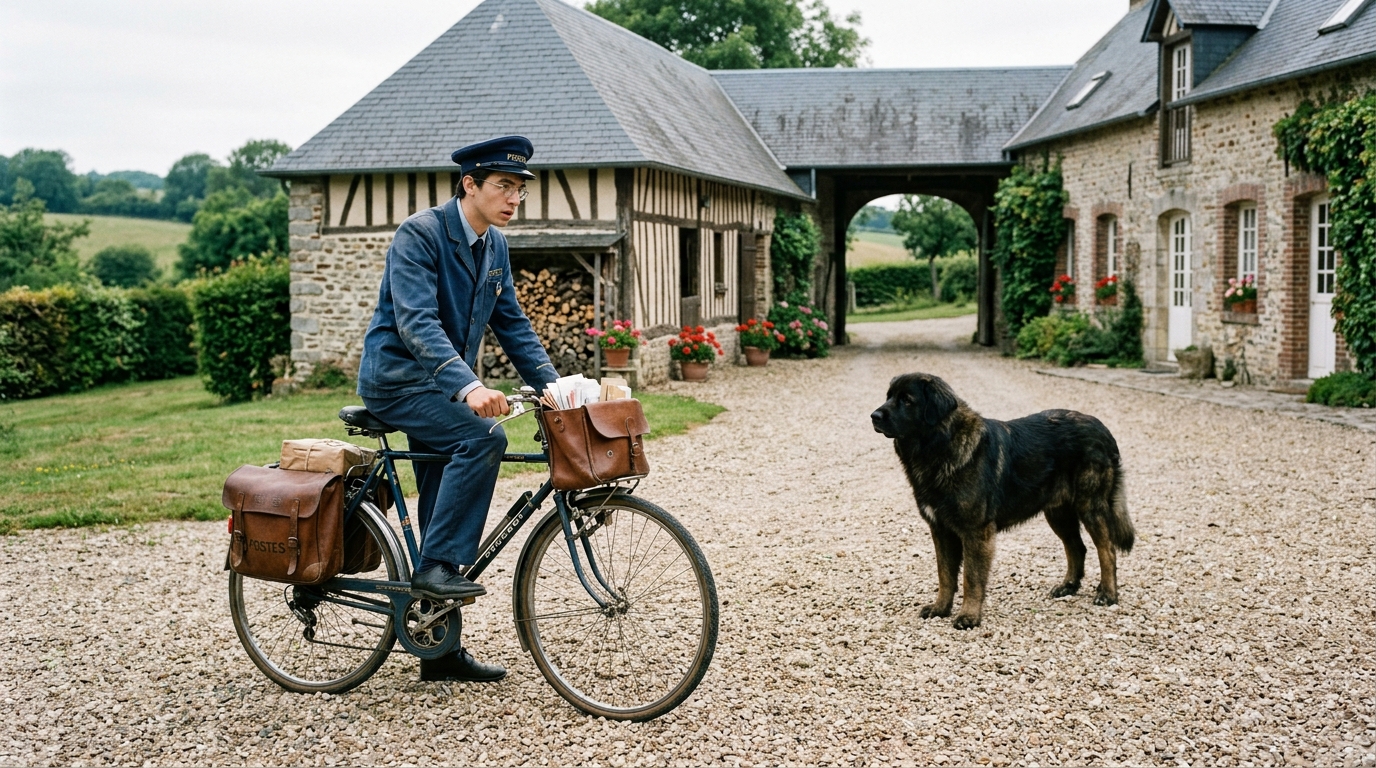 Un jeune facteur à vélo arrêté dans la cour d'une ferme normande face à un chien de garde.