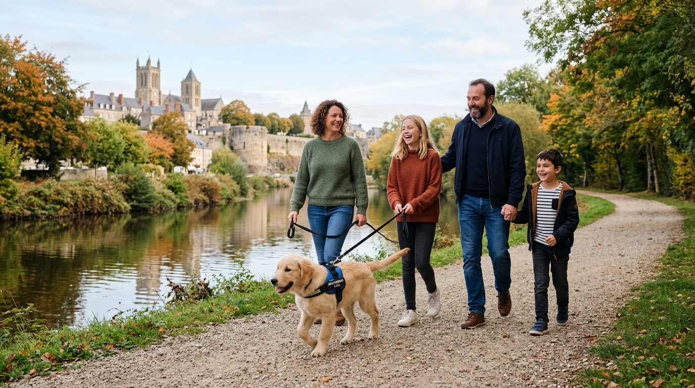 Une famille se promène à Saint-Lô avec un chiot élève chien d'assistance en formation