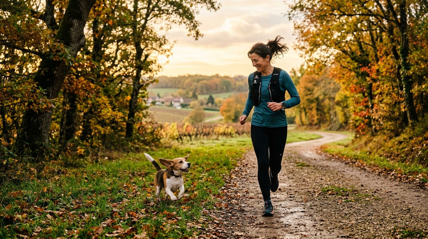 Une femme s'entraîne pour la course à pied à côté d'un chien Beagle dans un parc.