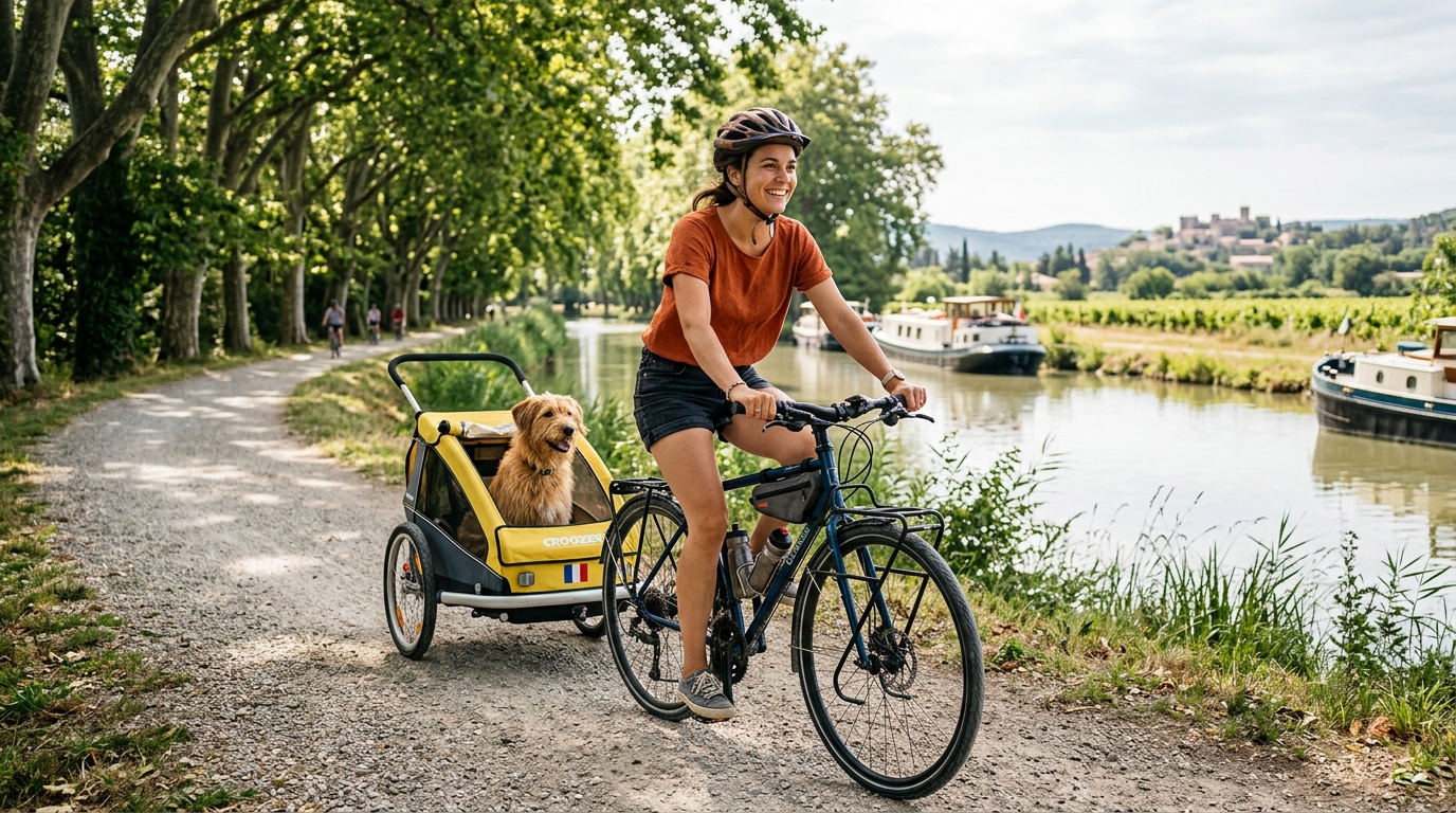 Une femme à vélo tractant sa chienne dans une remorque sur un canal en France.