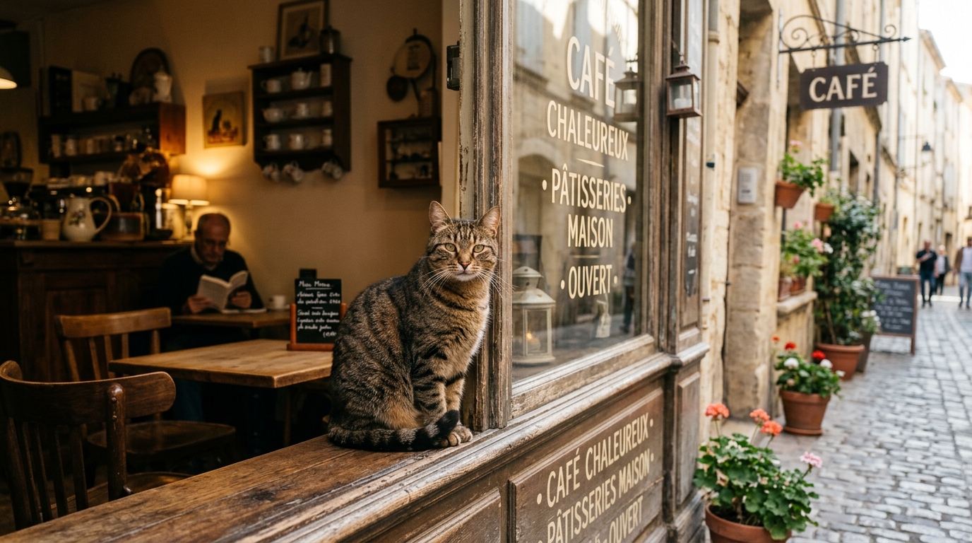 Un chat assis près de la fenêtre d'un café chaleureux dans le centre historique de Montpellier