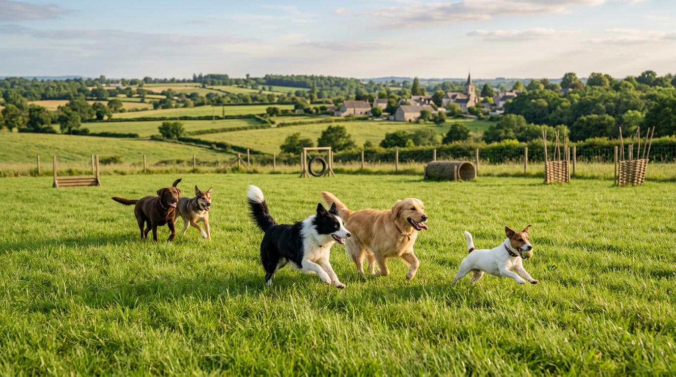 Un chien joyeux s'amusant sur un terrain de jeux en plein air dans le Maine-et-Loire.