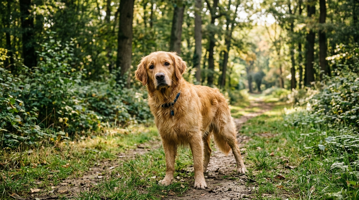 Une Golden Retriever debout dans un parc arboré au bois de Vincennes
