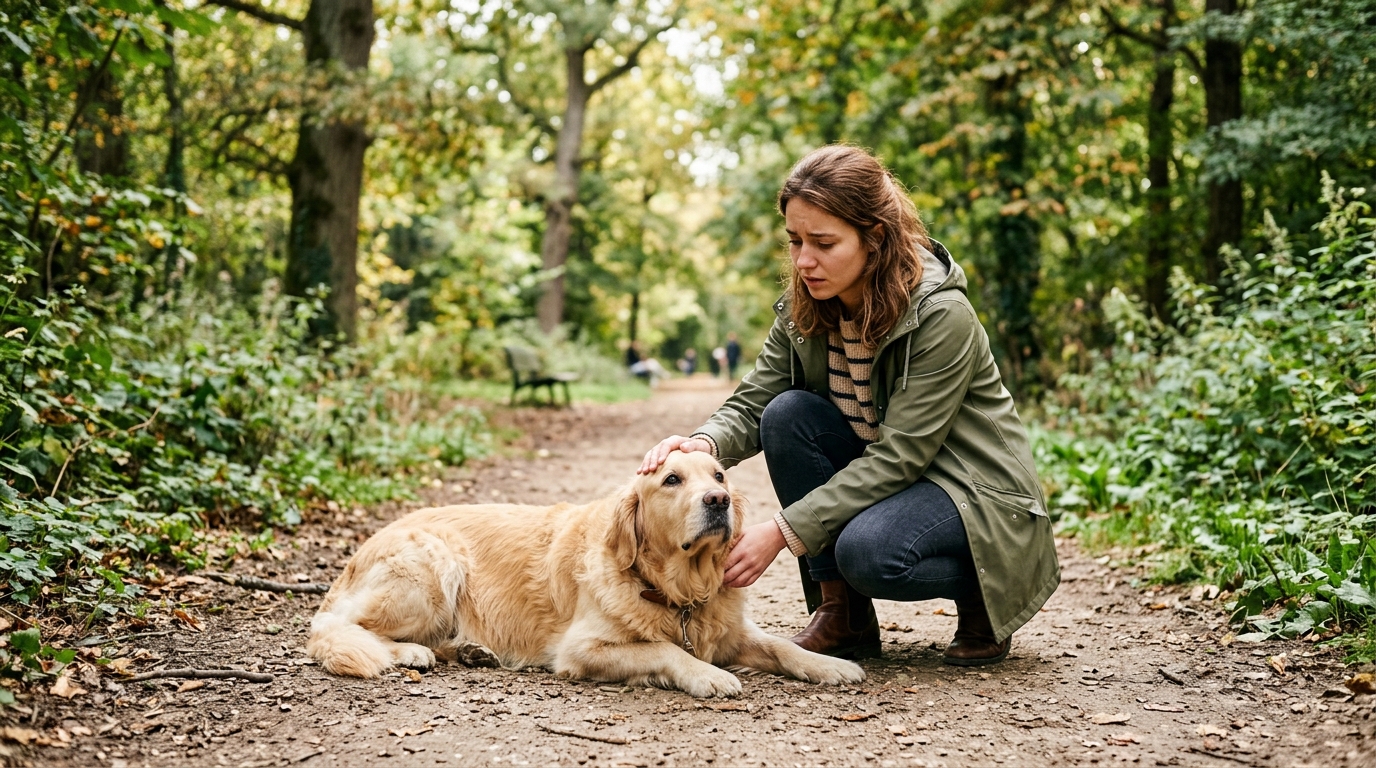 Un Golden Retriever étendu avec inquiétude sur un sentier du bois de Vincennes.