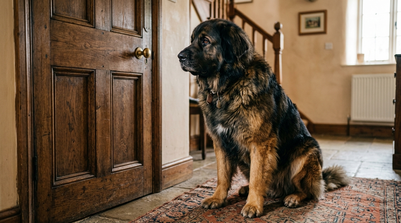 Un grand chien massif assis sagement devant une porte d'intérieur en bois.