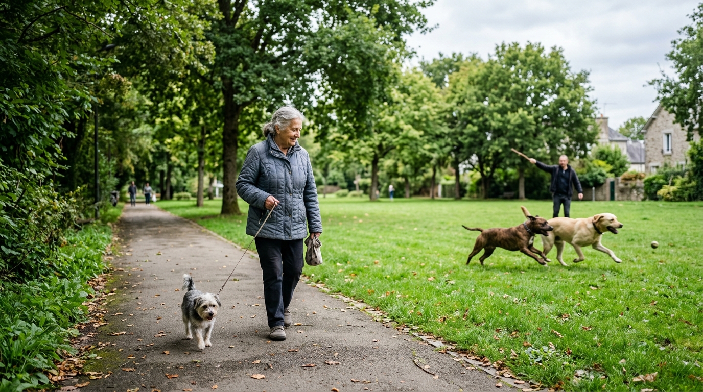 Une grand-mère se promène avec un petit chien dans un parc verdoyant