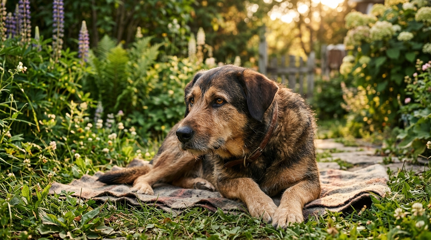 Un chien assis paisiblement dans une pelouse ensoleillée au Québec