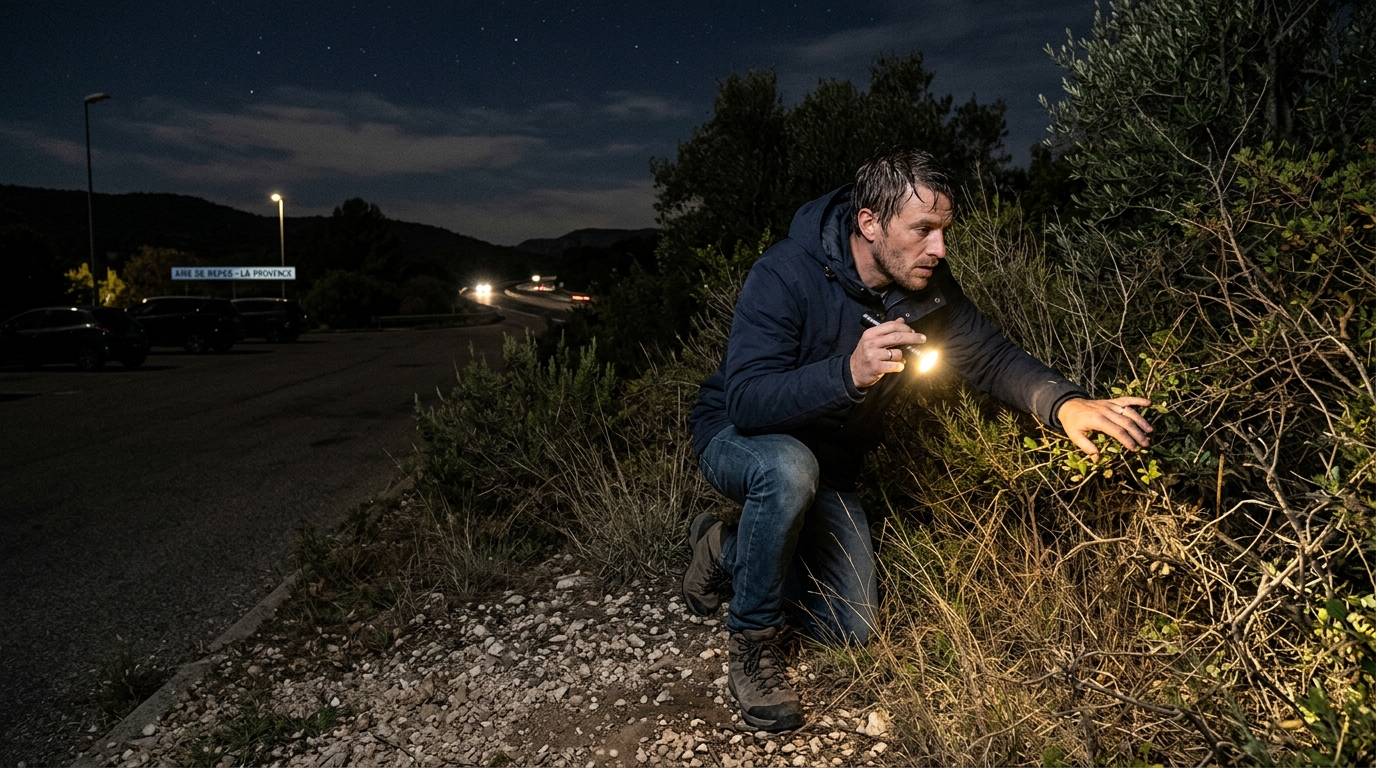 Un homme cherche son chat perdu sur une aire d'autoroute