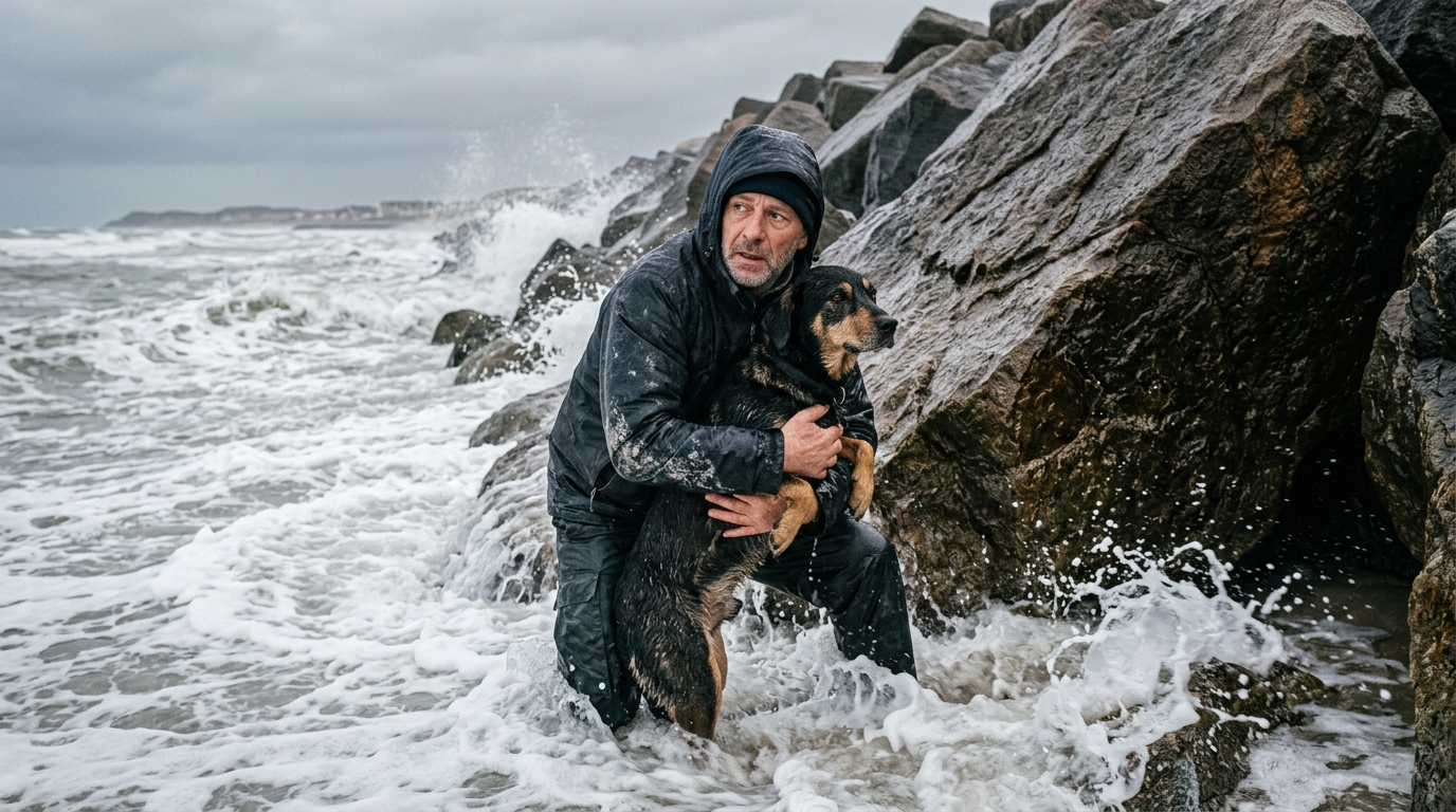 Un promeneur et son chien coincés par la marée sur la plage de Berck