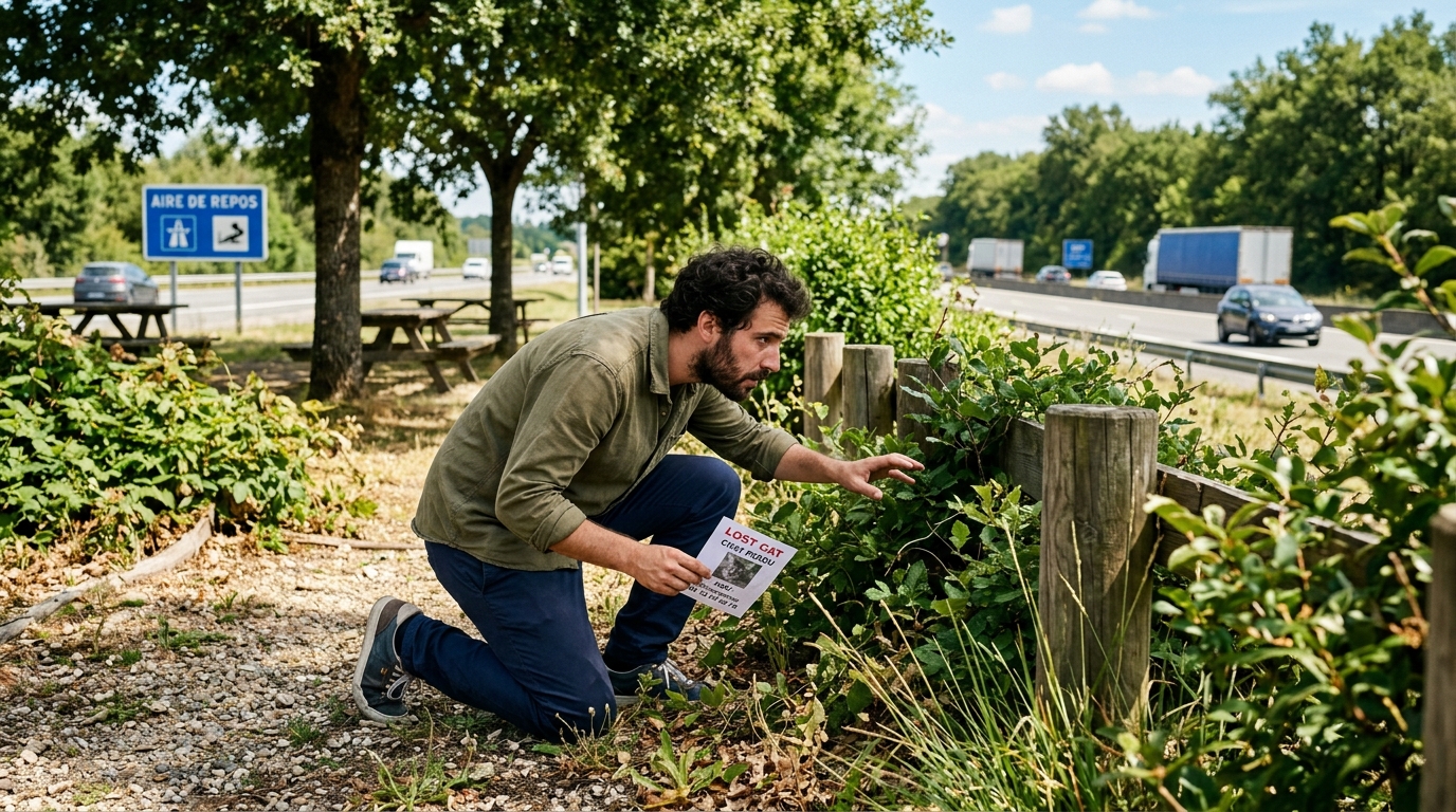 Un homme cherche son chat disparu dans la végétation d'une aire d'autoroute en France.