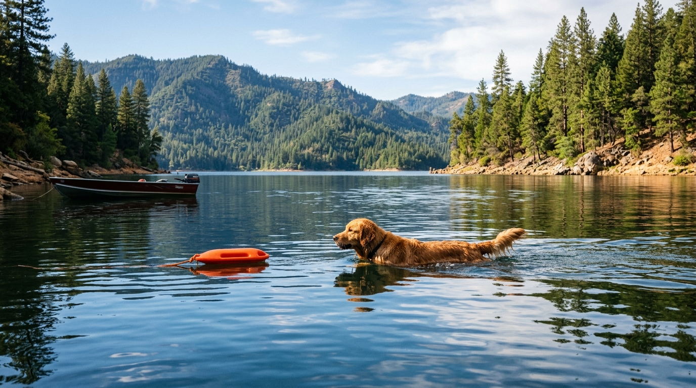 Un homme tente de sauver un chien tombé à l'eau depuis un bateau.
