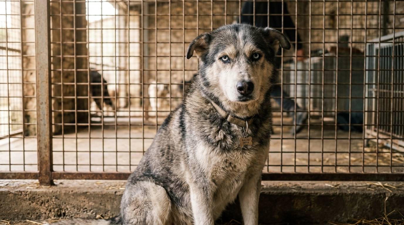 Un husky de dix ans assis calmement dans son enclos de refuge.