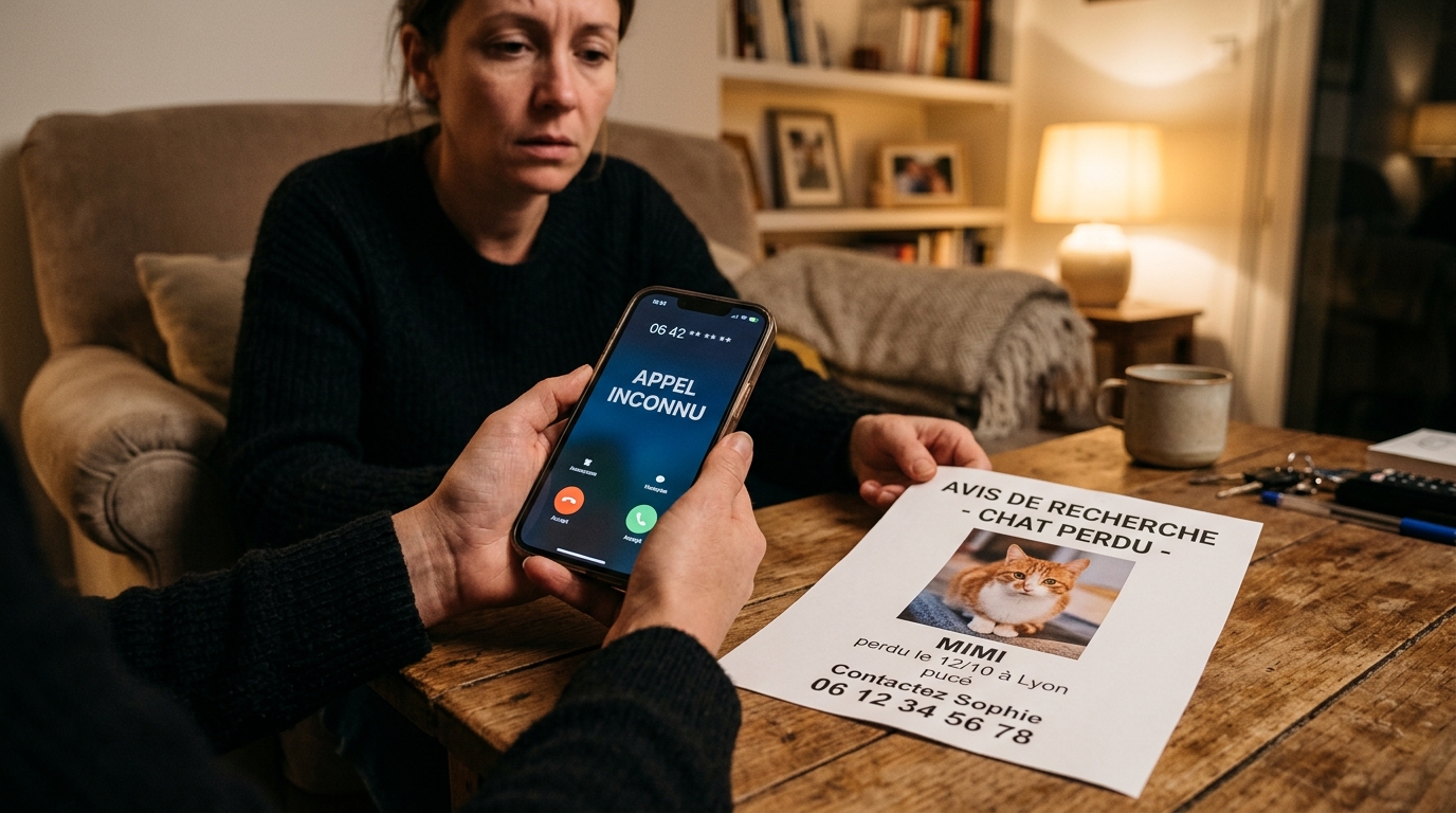 Une personne regarde son téléphone affichant un appel près d'une affiche de chat perdu.