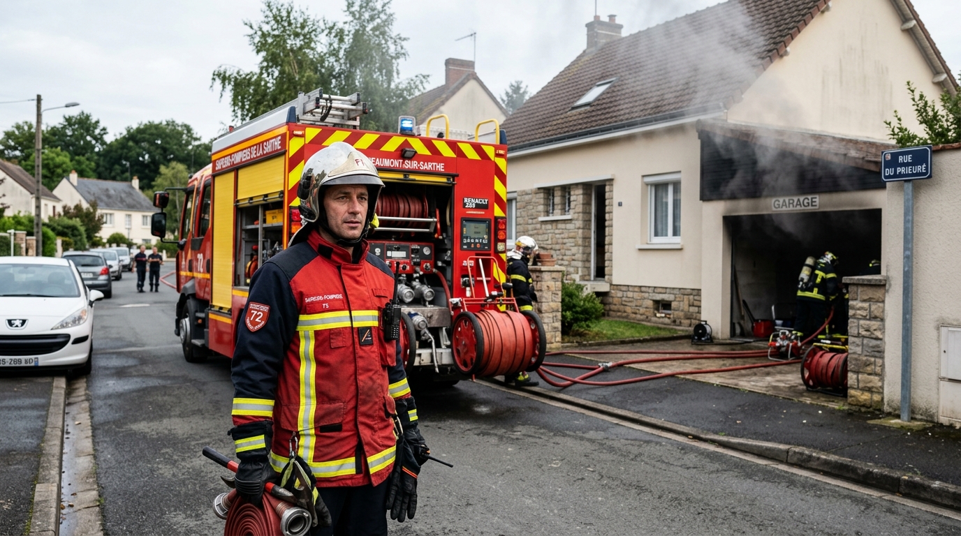 Un camion de pompiers français garé devant une maison en Sarthe