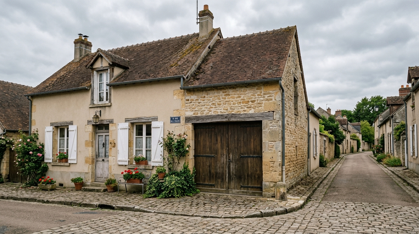 Une maison de village en Sarthe avec des véhicules de pompiers au loin