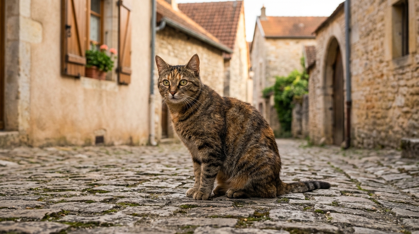 Un chat tigré assis prudemment près d'une maison dans un village français.