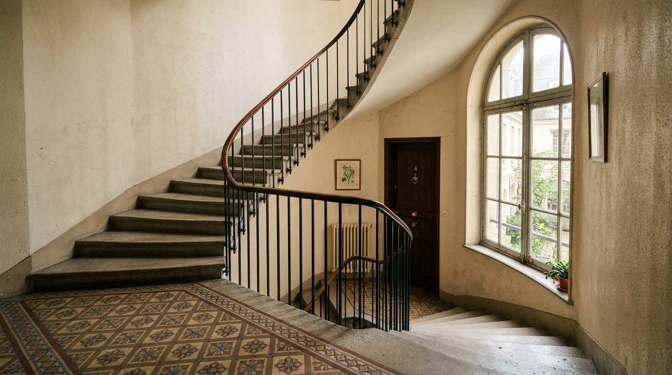 Cage d'escalier d'un immeuble résidentiel à Rouen éclairée par la lumière du jour.