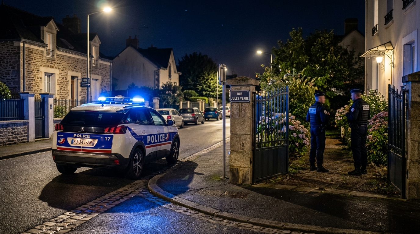 Véhicule de la police nationale française en intervention nocturne dans une rue de Saint-Nazaire