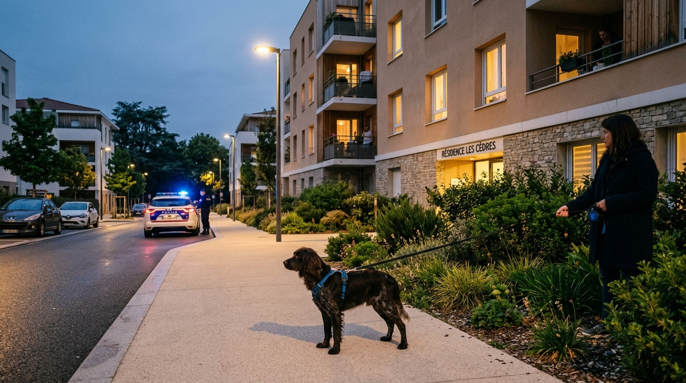 Un véhicule de police garé la nuit devant un immeuble résidentiel à Orvault